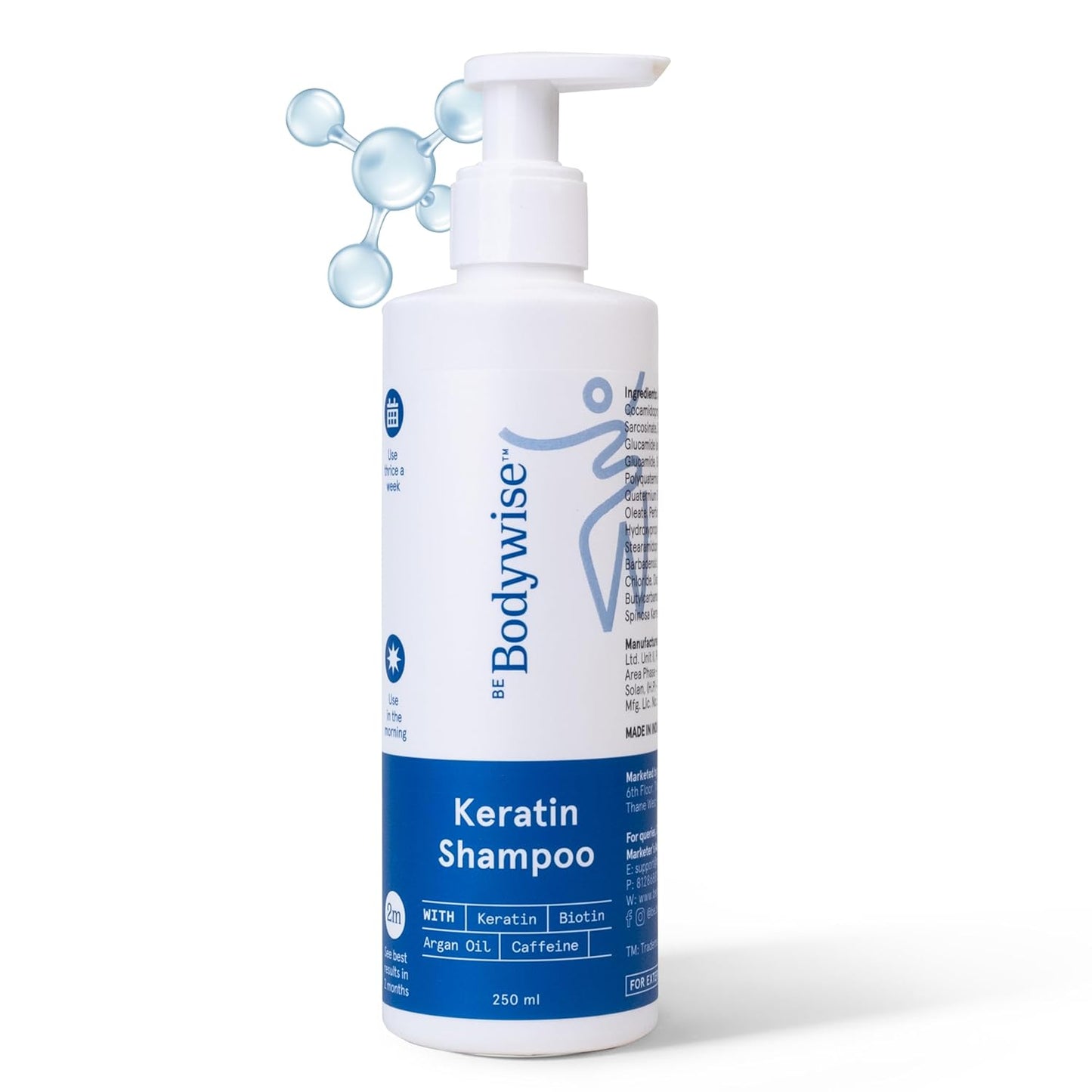 Be Bodywise Keratin Shampoo 250ml | Developed by Trichologists | Biotin, Caffeine & Argan Oil | Cleanses Scalp, Controls Frizz & Hair Breakage | Paraben & Sulphate Free