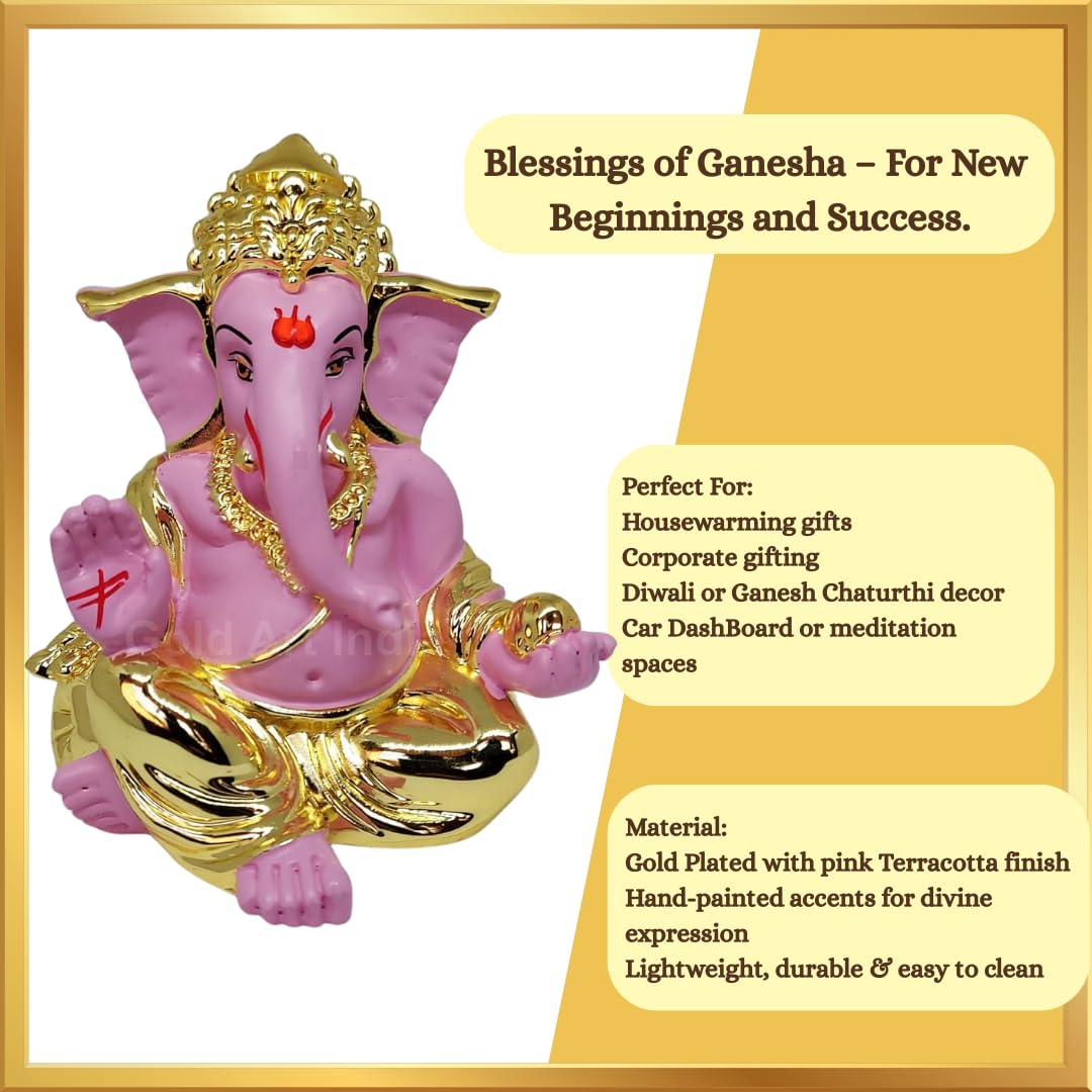 Gold Art India Gold Plated Gaddi Ganesh Idol for Car Dashboard Ganesha Murti Ganpati Idol for Home Decor Puja Lord Ganesh Statue Gift for Office Desk Puja Room Figurine Gold Pink
