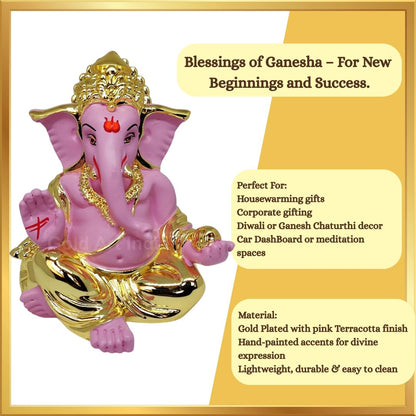 Gold Art India Gold Plated Gaddi Ganesh Idol for Car Dashboard Ganesha Murti Ganpati Idol for Home Decor Puja Lord Ganesh Statue Gift for Office Desk Puja Room Figurine Gold Pink