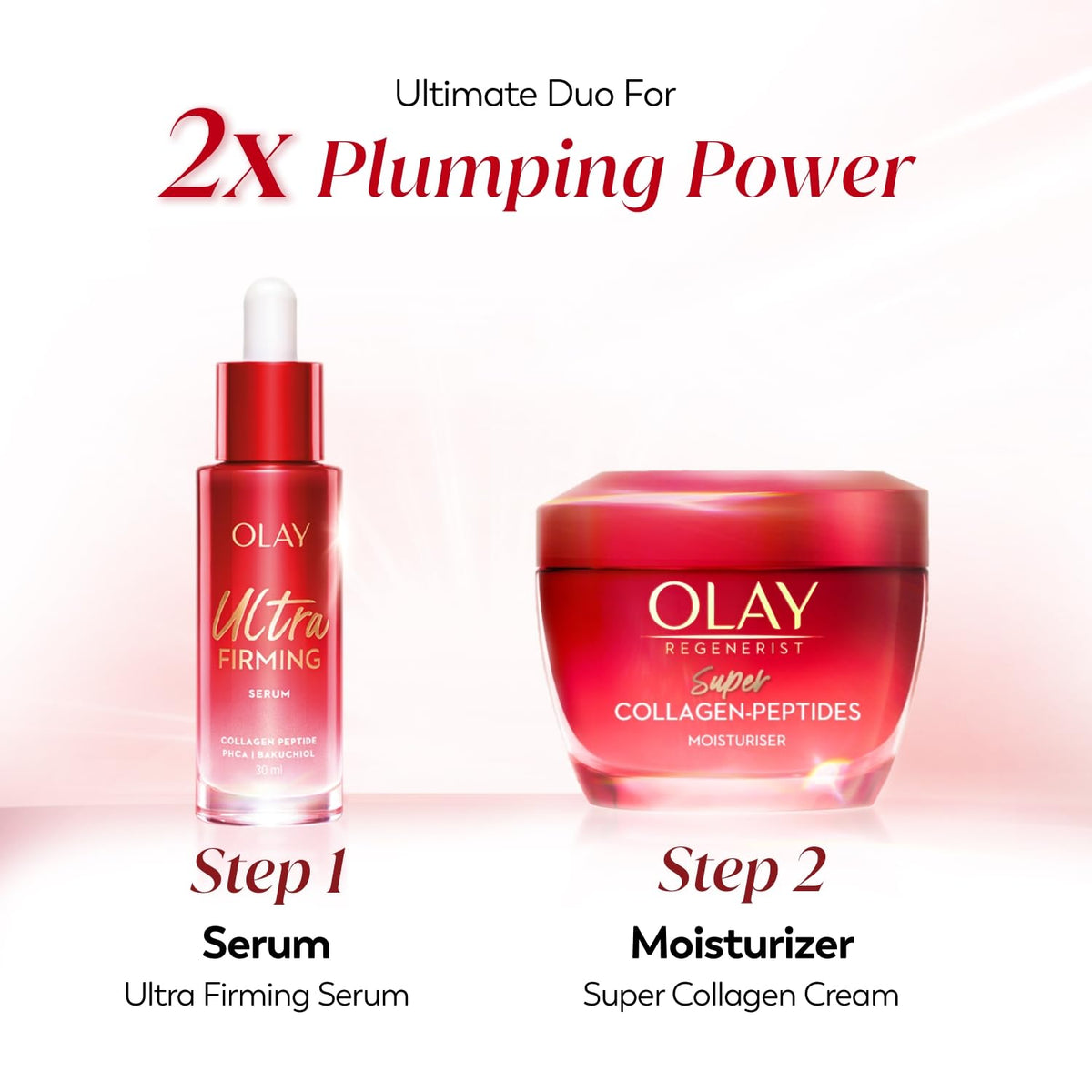 Olay serum and moisturizer set with text on a white background