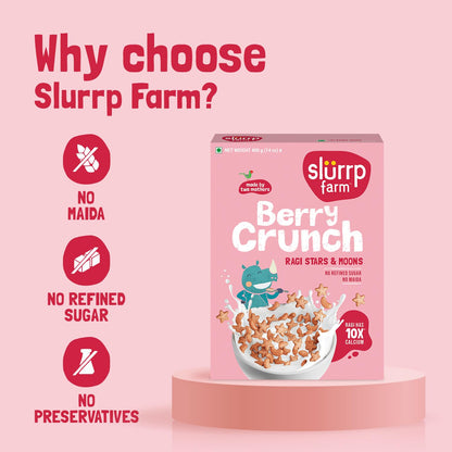 Slurrp Farm Berry Crunch Strawberry Cereal | No Maida, No Refined Sugar, No Added Colour | Ragi Stars and Moons | Healthy Breakfast | 300 g