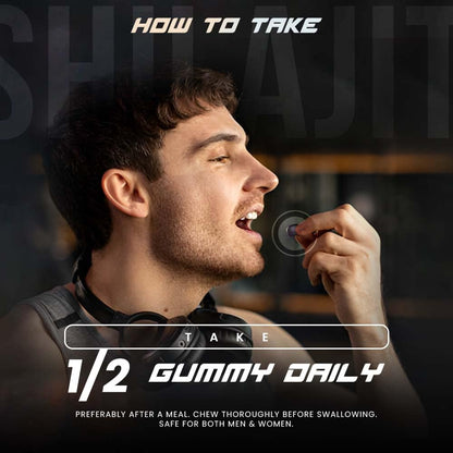 Man taking a gummy supplement with text on how to take it