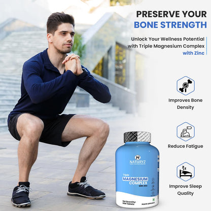 Man exercising outdoors with a supplement bottle labeled 'Naturyz Triple Magnesium Complex' on a promotional graphic.