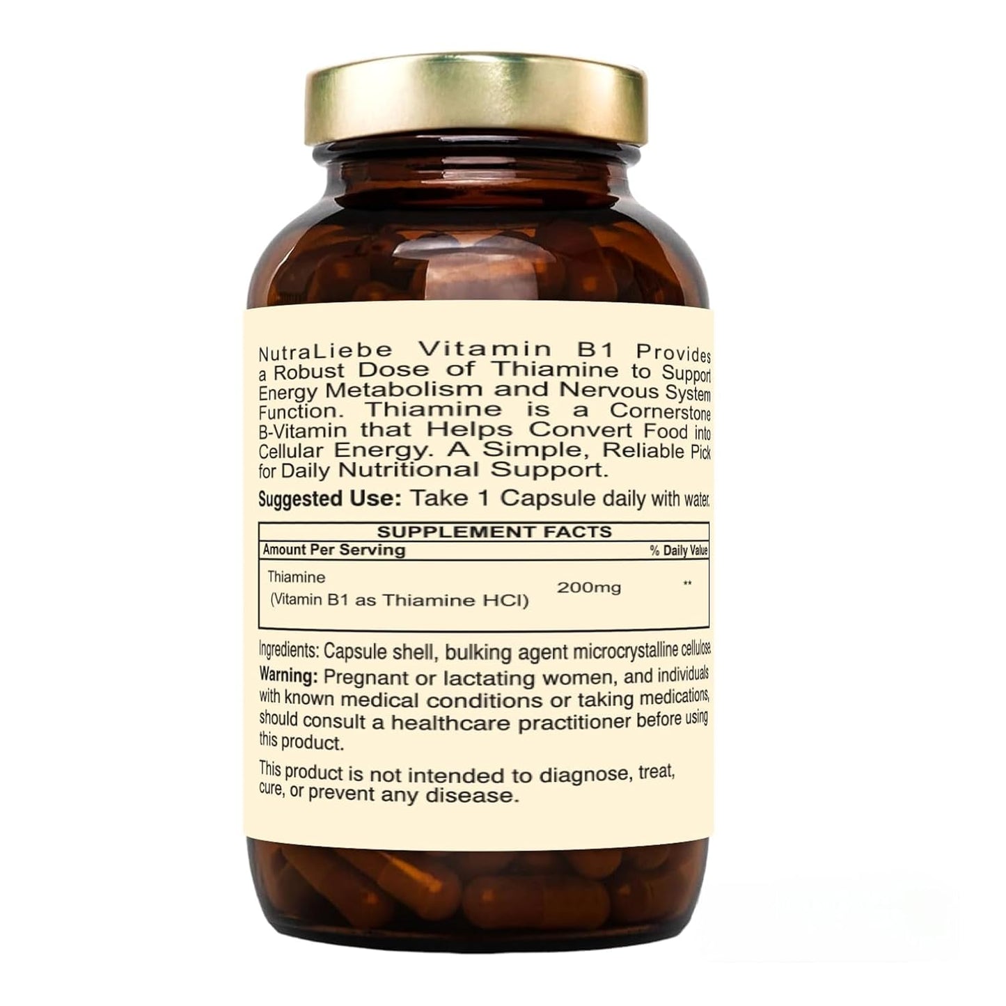 Nutraliebe Vitamin B1 (Thiamine HCl) – High-Potency Energy & Nervous System Support | Promotes Metabolism, Heart Health & Brain Function | 90 Vegetarian Capsules | Non-GMO & Gluten-Free