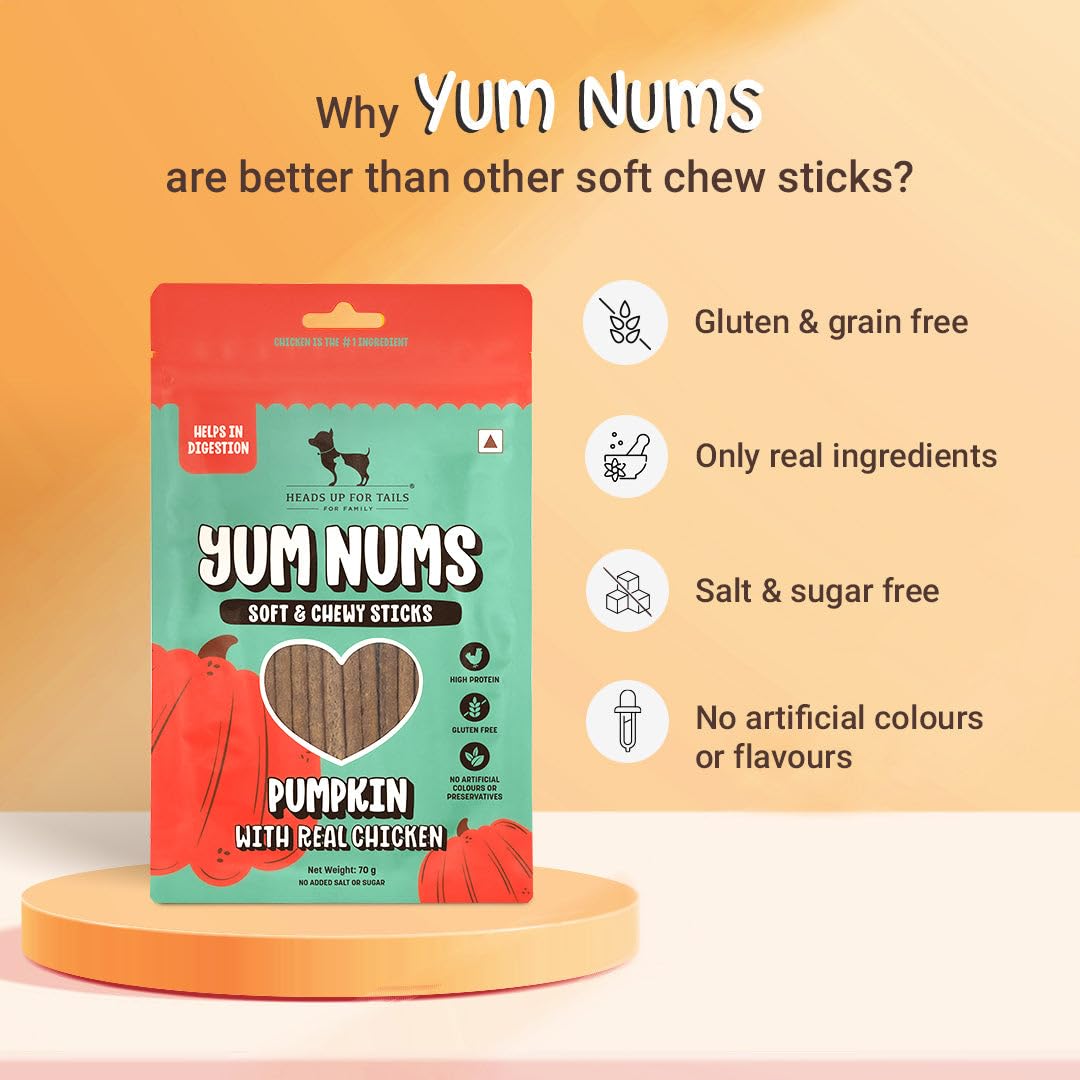 Yum Nums by HUFT Soft & Chewy Sticks - 70 gm | Pumpkin with Chicken | Dog & Puppy Treats | Training Snacks for Small & Adult Dogs | High-Protein, Healthy Dog Treats