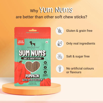 Yum Nums by HUFT Soft & Chewy Sticks - 70 gm | Pumpkin with Chicken | Dog & Puppy Treats | Training Snacks for Small & Adult Dogs | High-Protein, Healthy Dog Treats