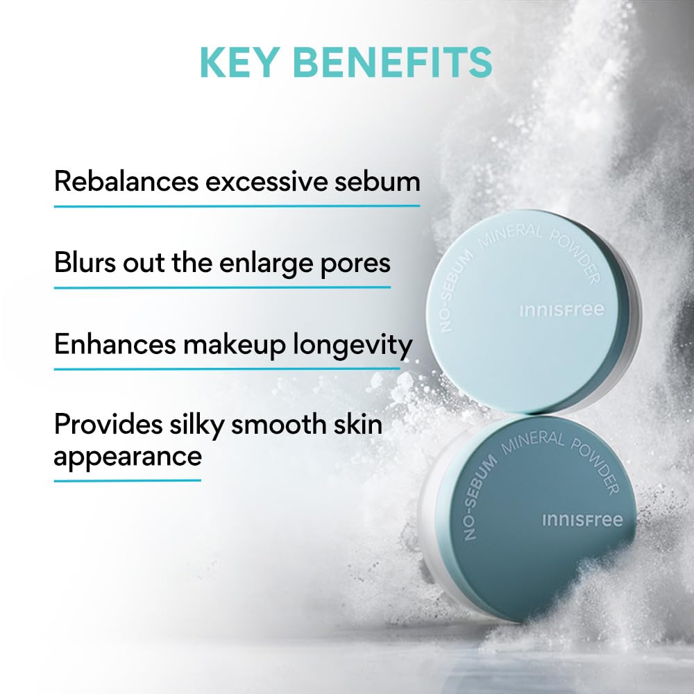 Innisfree No Sebum Mineral Natural Powder 5g | Korean Setting Powder for Face | Oil Control for Oily Skin, Makeup Fixer, Reduces Hair Greasiness, Mattifying, Long-Lasting, Compact, Loose Powder