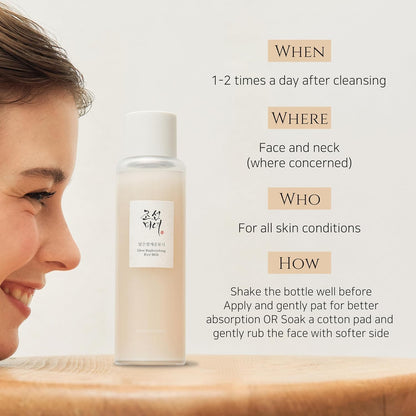 Skincare product bottle with usage instructions on a neutral background