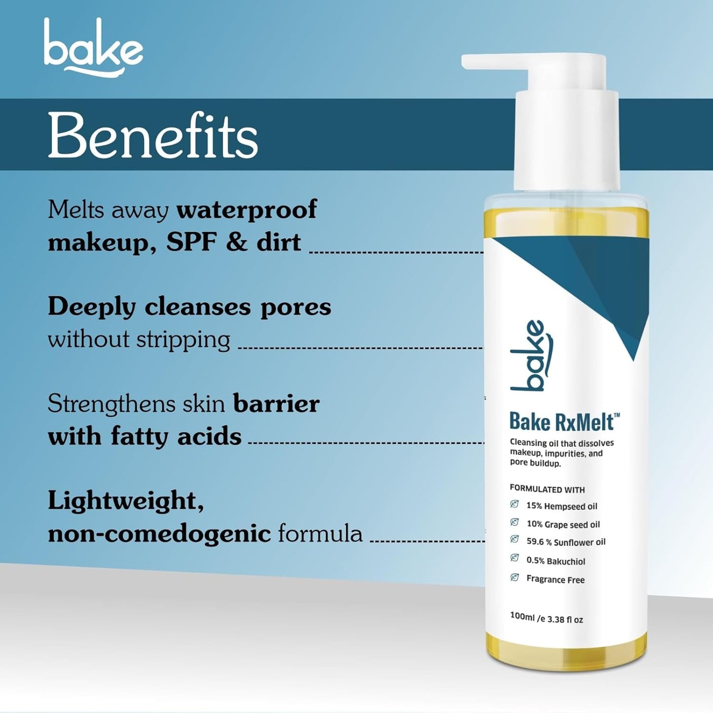 BAKE RxMelt™ Cleansing Oil for Removing Waterproof Makeup & SPF | With 15% Hempseed, 10% Grape Seed Oil, 0.5% Bakuchiol | Removes Impurities & Pore Buildup | Fragrance-Free | For Men & Women – 100ml