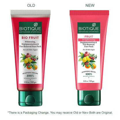 Comparison of old and new packaging of Biotique Bio Fruit Face Pack on a white background.