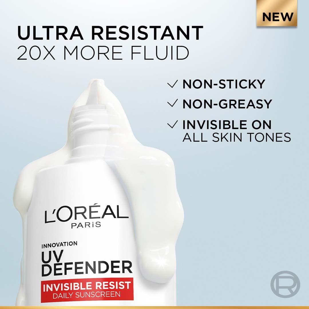 L'Oreal Paris UV Defender sunscreen bottle with product features on a light blue background