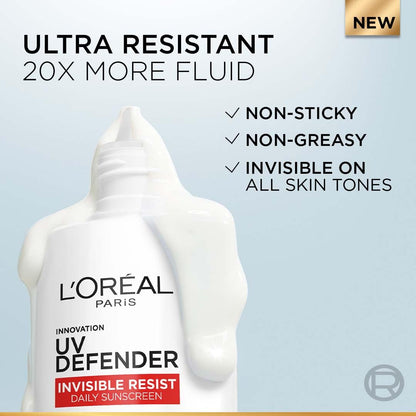 L'Oreal Paris UV Defender sunscreen bottle with product features on a light blue background