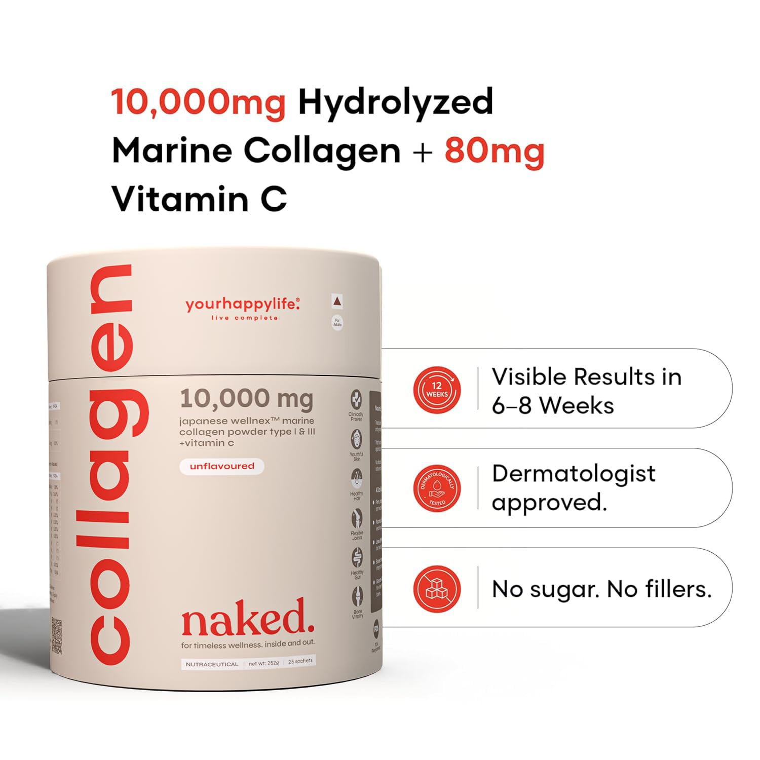 Collagen powder container with product details on a white background