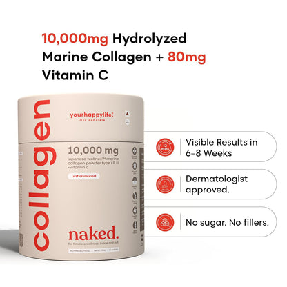 Collagen powder container with product details on a white background