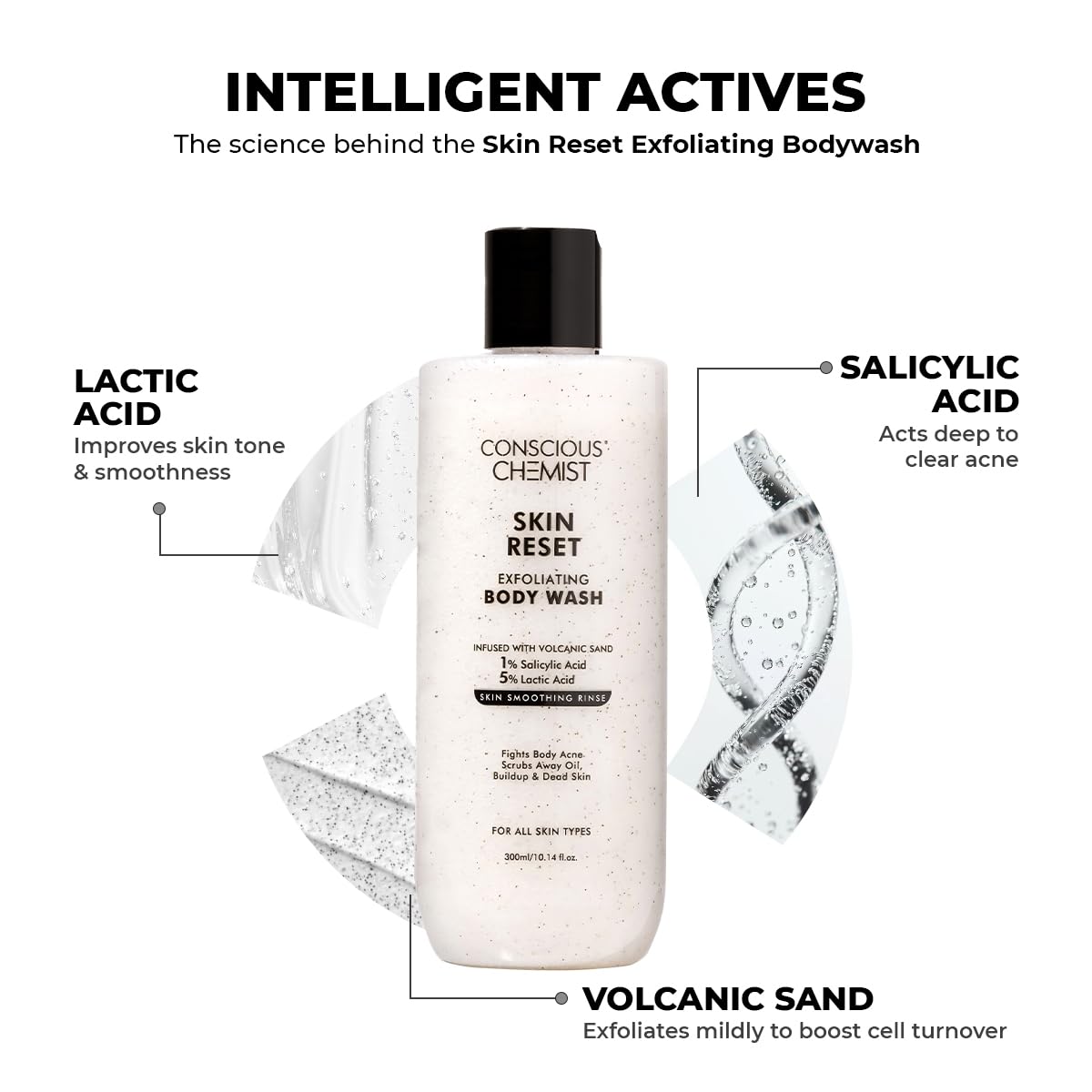 Conscious Chemist Skin Reset Exfoliating Body Wash with labeled active ingredients on a white background