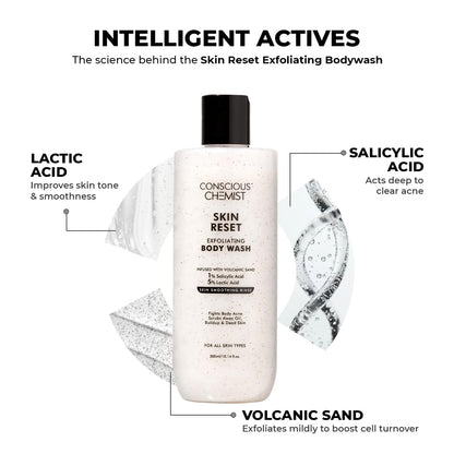 Conscious Chemist Skin Reset Exfoliating Body Wash with labeled active ingredients on a white background