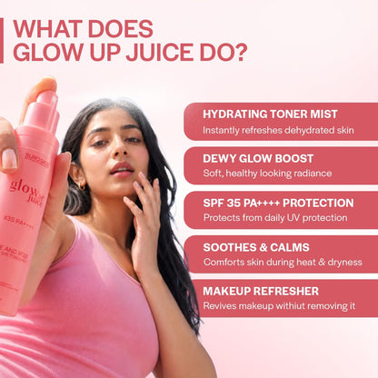 Suroskie Glow Up Juice SPF 35 PA++++ Sunscreen Spray 100ml with Rose & Rice Toner for Glass Skin | UV Rays Protection | Brightens & Smoothens | Dewy Mist for All Skin Types | Dermatologically Tested