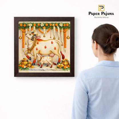 Kamdhenu Divine Vastu Sacred Cow Calf Hindu Spiritual Religious Pooja Mandir Traditional Indian Framed Poster Artwork Decor Painting