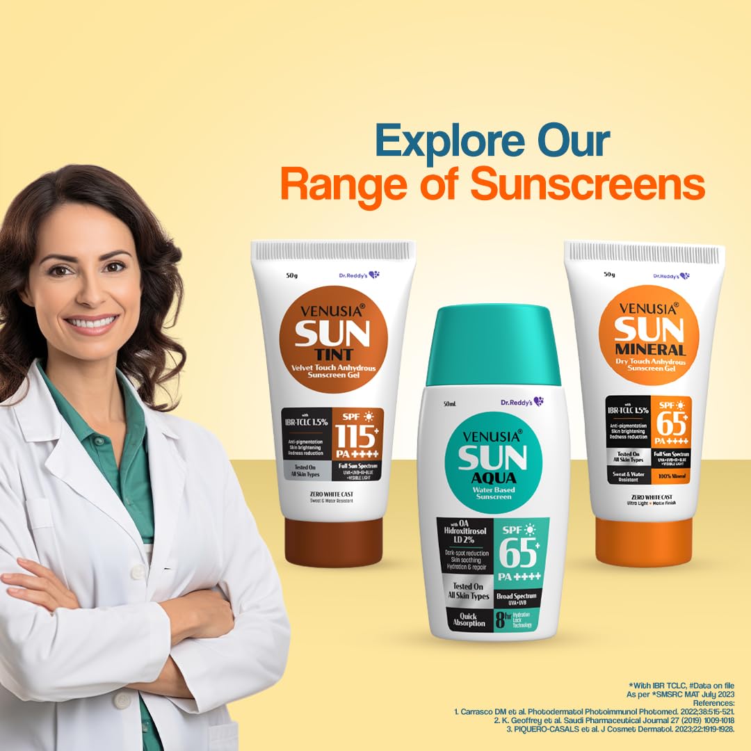 Dr. Reddy's Venusia Mineral Sunscreen SPF 65 | Full Spectrum Protection - UVA, UVB, Blue Light, Visible Light | Dermatologist Recommended | For Anti-pigmentation | Sun Damage Repair | Suitable for All Skin Types | 50g