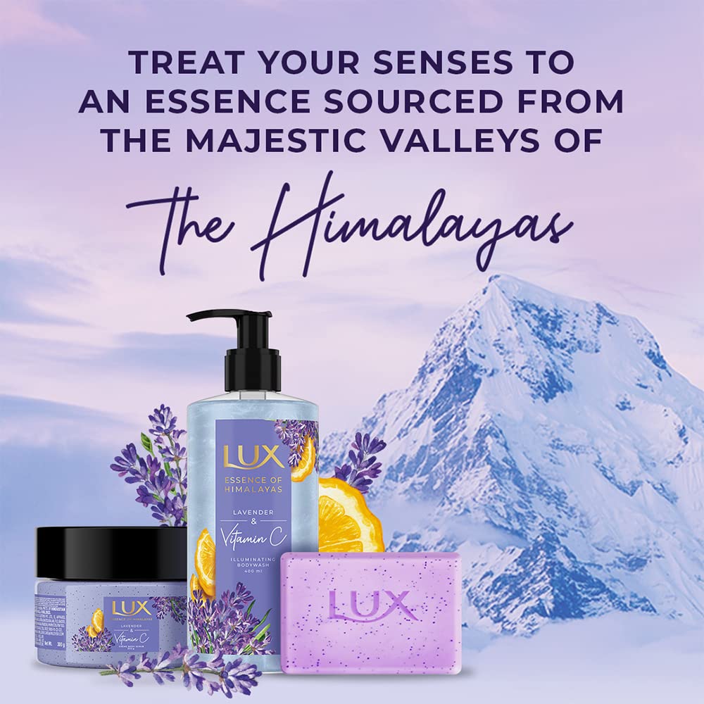 Lux skincare products with lavender and lemon elements against a Himalayan mountain background