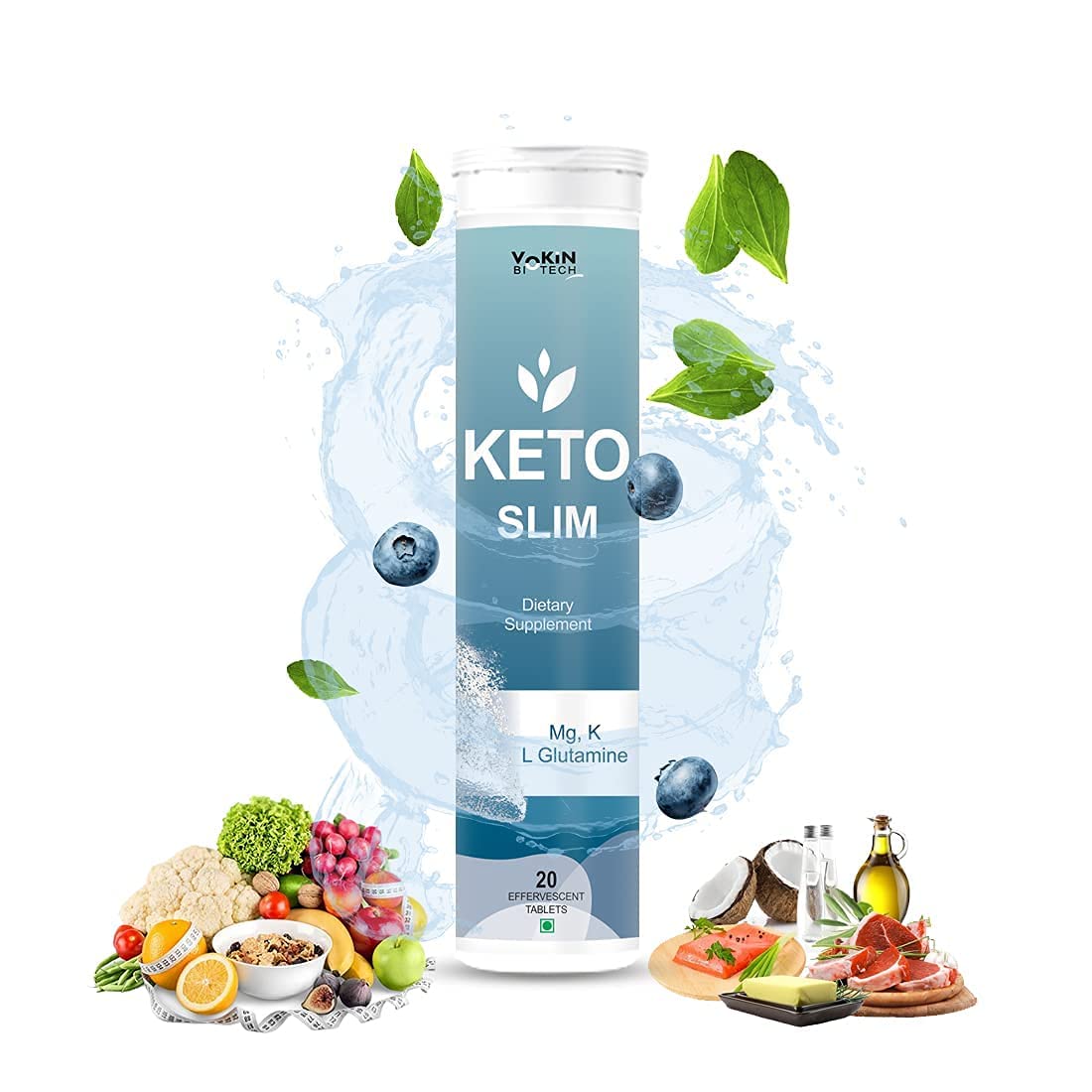 Keto Slim dietary supplement bottle with fresh fruits and vegetables on a white background