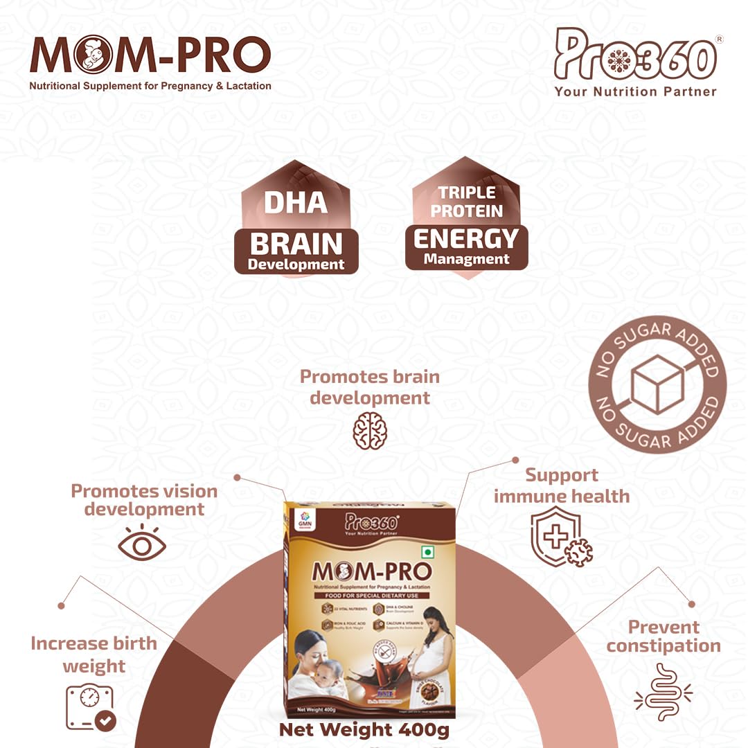 Pro360 MOM-Pro Protein Powder for Pregnant Women | 400gm Swiss Chocolate Flavour Nutrition for Pregnancy | Mother Protein Powder | Vital Nutrients to Support Baby Brain Development