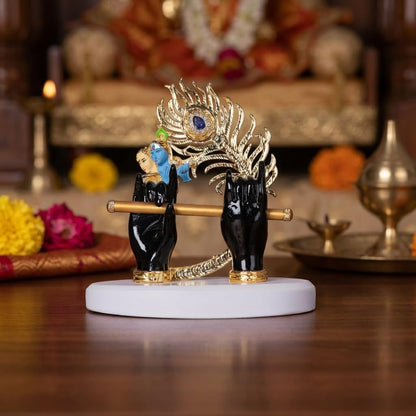 Gold Plated Lord Krishna Hands Idol with Face, Flute & Peacock Feather for Car Dashboard | Statue for House Warming Gifting | Decorative Items for Home & Office (Black - 4.5 inch)