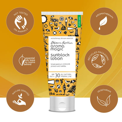 Aroma Magic Matte Sunblock Sunscreen Lotion | SPF 30 PA++ Protection with Non-Nano Zinc Oxide | No Parabens, Alcohol-Free | Calendula, Chamomile | Chemical-Free | All Skin | 100ml | Pack of 1