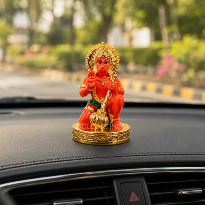 Gold Art India Hanumanji Sitting with Gada Gold Plated Hanuman Statue for Car Dashboard, Hanuman ji murti for Home Decor, Office Shelves, and Gifts