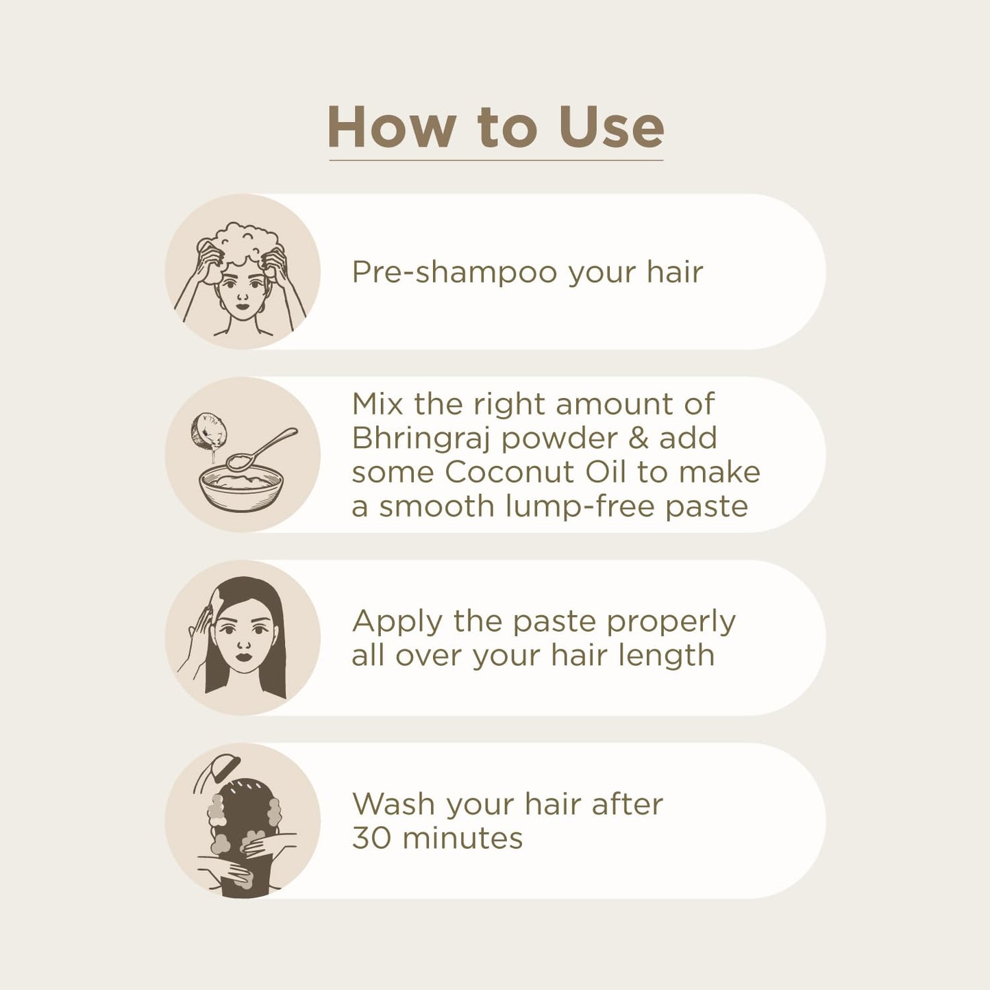Instructions on how to use a hair care product with icons and text.