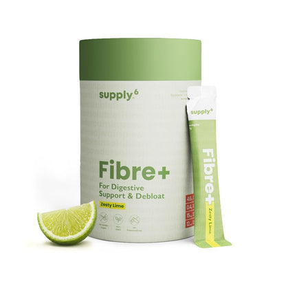 Supply6 Fibre+ Daily Fiber Supplement Powder, Soluble & Dietary Fiber, Isabgol Replacer for Digestive Support, Gut Health & Debloat, No Added Sugar, Non-GMO Sachets (Zesty Lime, 15 Servings)