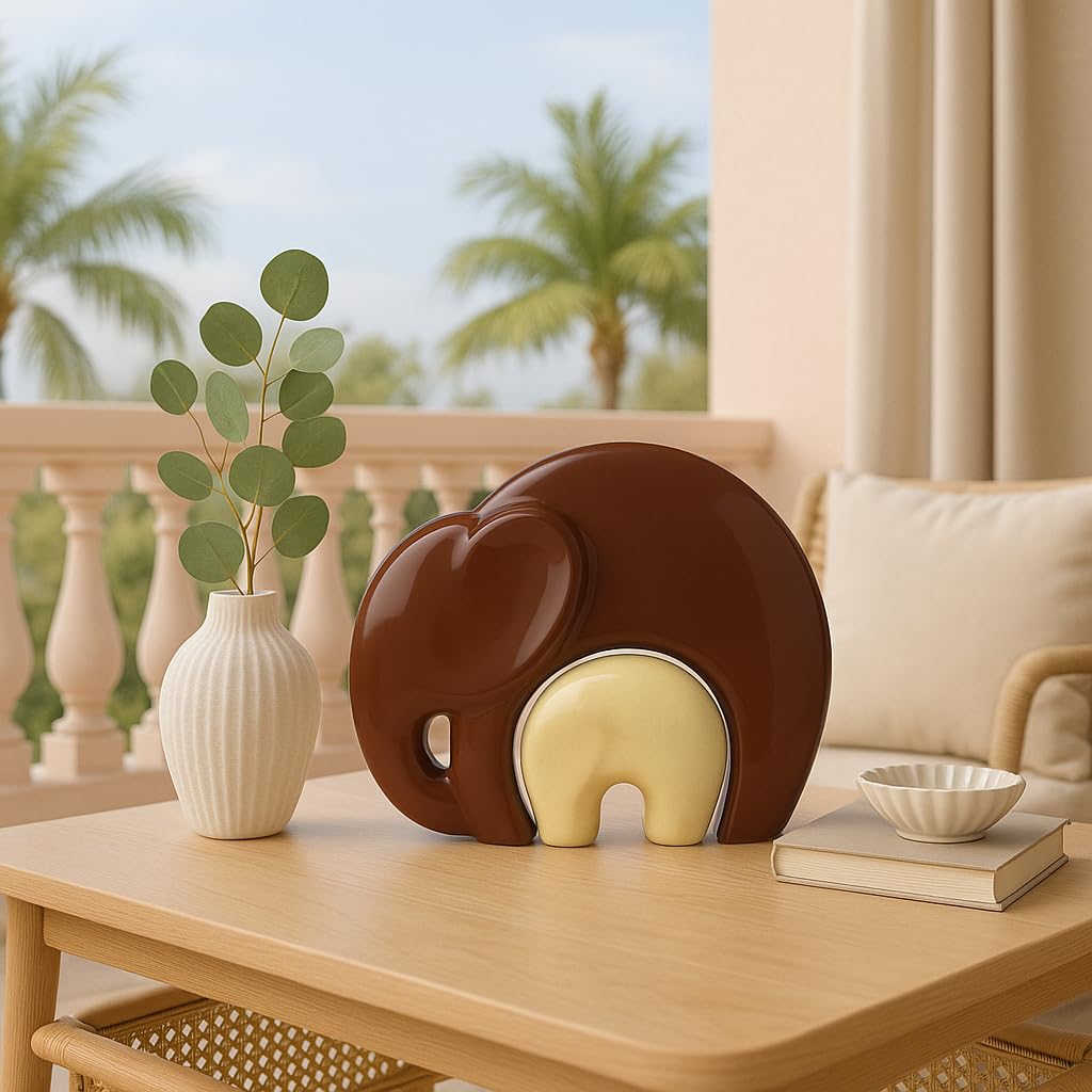 Home Décor Lucky Charm Elephant Mother & Child | Piano Finish Ceramic Figures - (Set of 2 Piece, Brown and Cream)