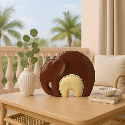 Home Décor Lucky Charm Elephant Mother & Child | Piano Finish Ceramic Figures - (Set of 2 Piece, Brown and Cream)
