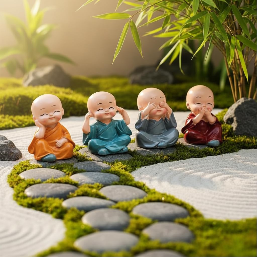 Buddha Monk Statues Set of 4 – Miniature Buddha Monk Statues for Home Decor and Gifts, Multicolour Resin Showpiece for Indoor | Cute Monk Figurines | Ideal Gift for Birthday