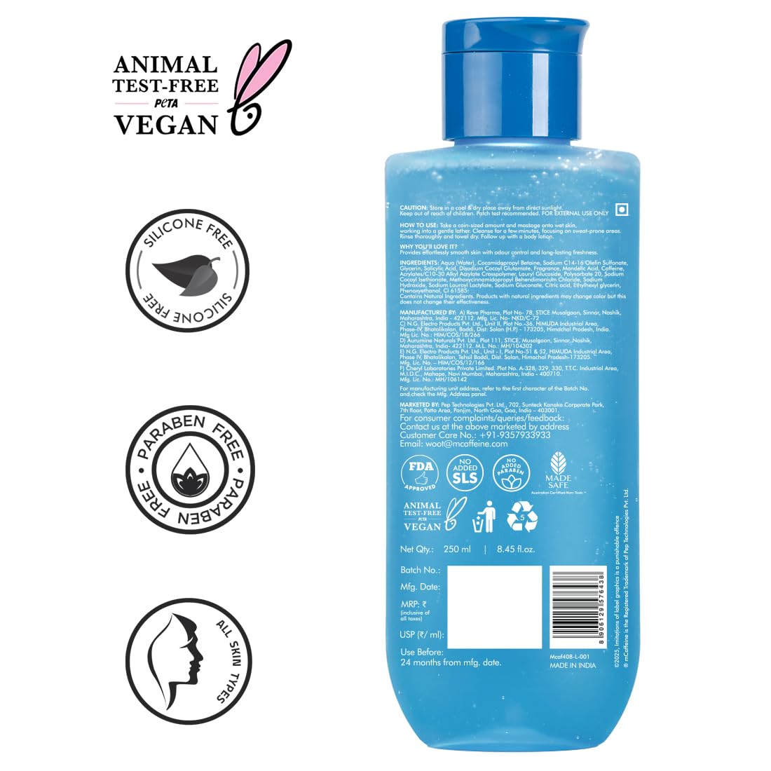 mCaffeine 2% Salicylic acid , 3-in-1 Perfume Body Wash - Odour Control, & Long Lasting Aqua Fresh Fragrance | Exfoliates & Smoothens Skin | Prevents Body Acne | Mandelic Acid | For Men & Women (250 ml)