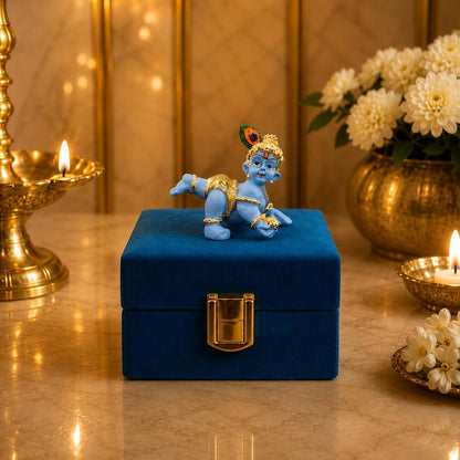 Gold Art India 24K Gold Plated Blue Terracotta Laddu Gopal Idol (2.5 Inch) with Premium Velvet Gift Box | Makhan Chor Bal Krishna Murti for Home Temple, Car Dashboard, Office Desk & Spiritual Gift
