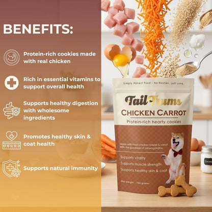 TailTrums Dog Biscuits – Chicken & Carrot Cookies with Ashwagandha 250g | Healthy Dog Food | Freshly Baked Dog Treats, All Natural & Preservative Free | Human-Grade Ingredients| All Breeds |
