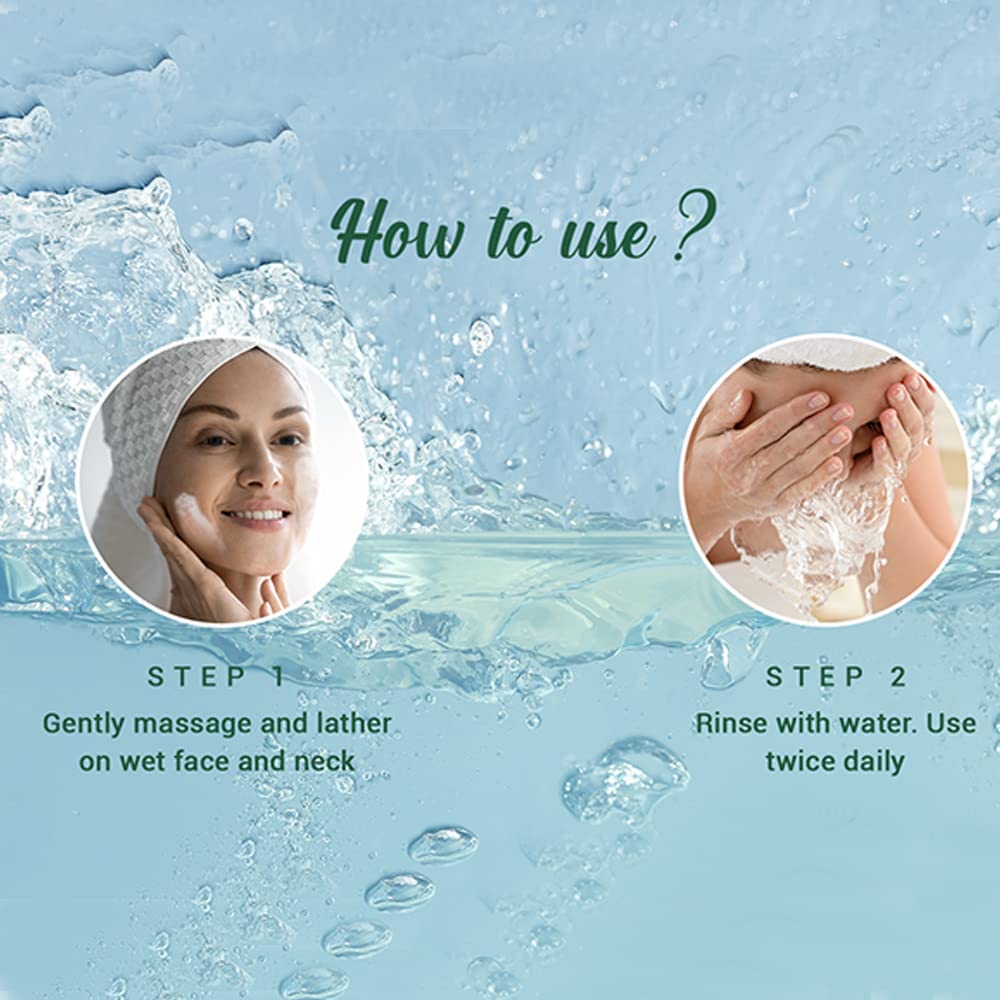 Instructions on how to use a skincare product with a woman and hands shown against a water-themed background.
