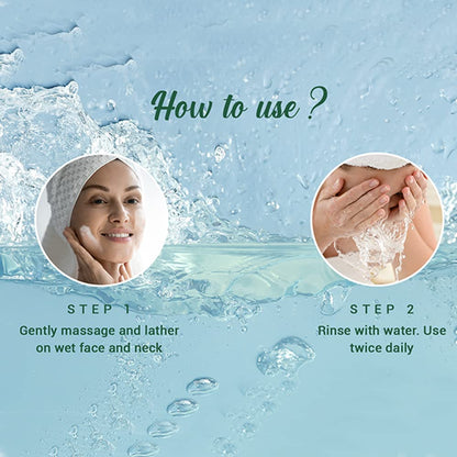 Instructions on how to use a skincare product with a woman and hands shown against a water-themed background.