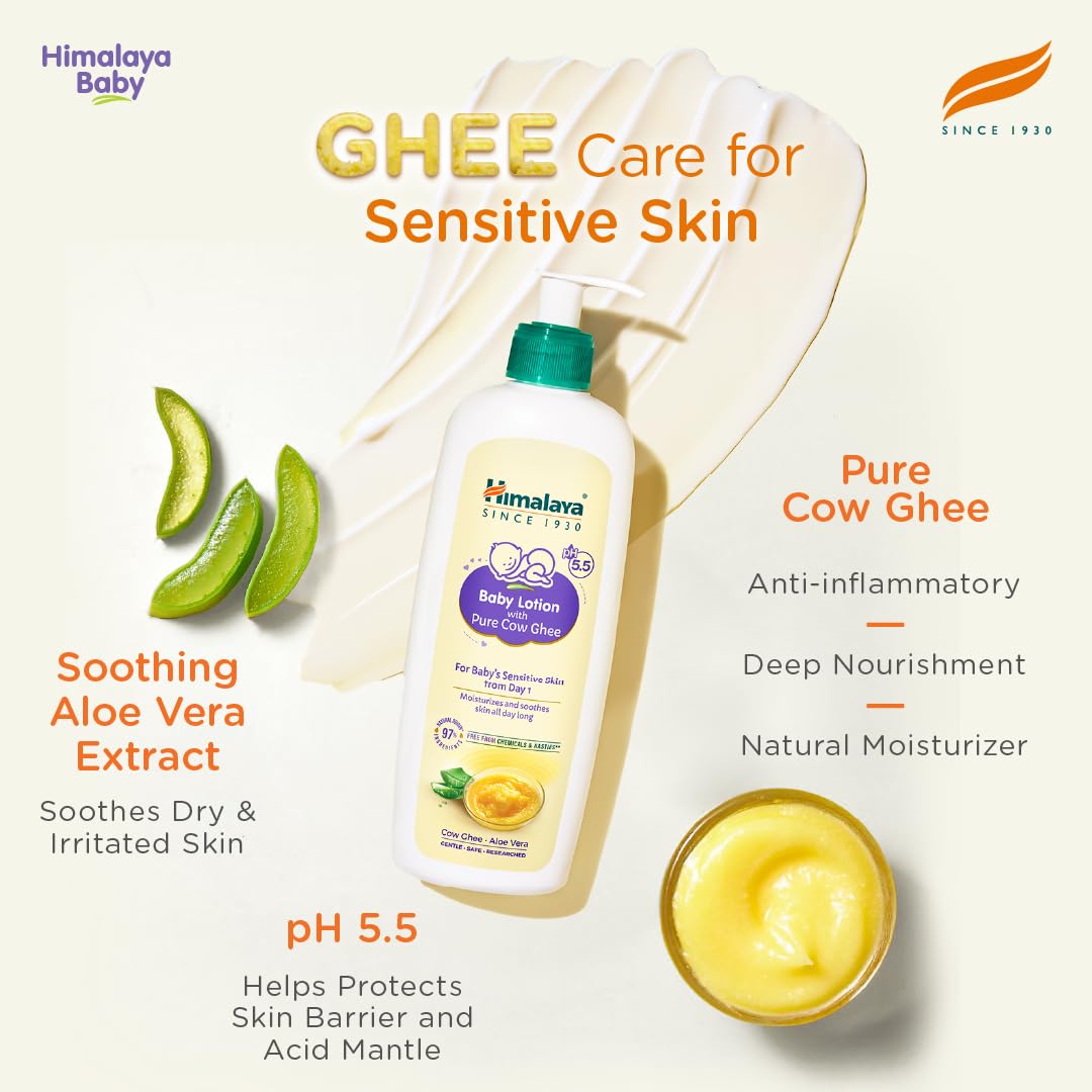 Himalaya Baby Lotion with Pure Cow Ghee 100ml | pH 5.5|Aloe vera|Safe for newborns|For baby's sensitive skin safe from day 1|No Parabens|No Phthalates|No Mineral Oil|No Synthetic color