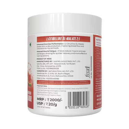 NATURALTEIN Citrulline Malate 2:1 | Watermelon Flavour | Nitric Oxide Booster for Bigger Pumps & Workout Performance | 100g, 25 Servings | Supports Strength & Endurance