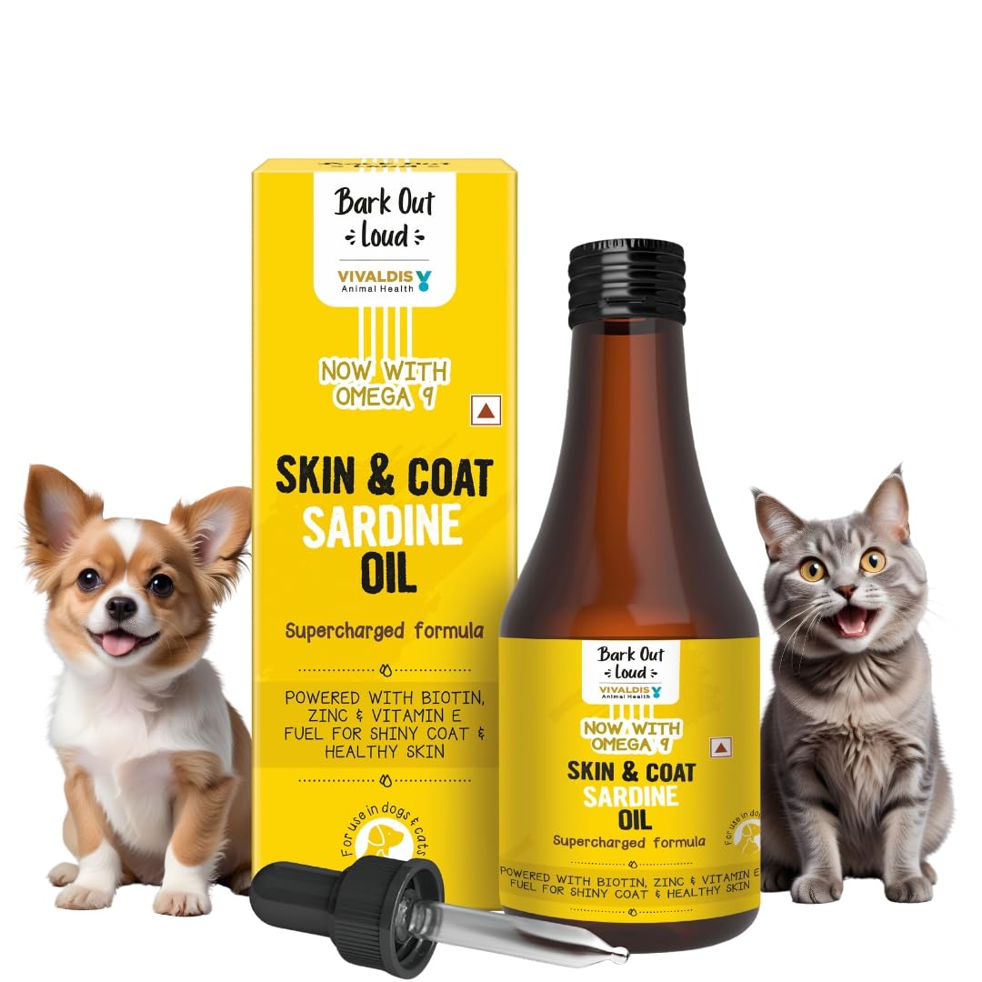 Bark Out Loud by Vivaldis Sardine Oil - Skin & Coat Supplement for Dogs and Cats Formula for Healthy Skin, Glowing Coat & Boosted Immunity, Omega 3,6 & 9 Biotin & Zinc (Dogs & Cats) 200ml