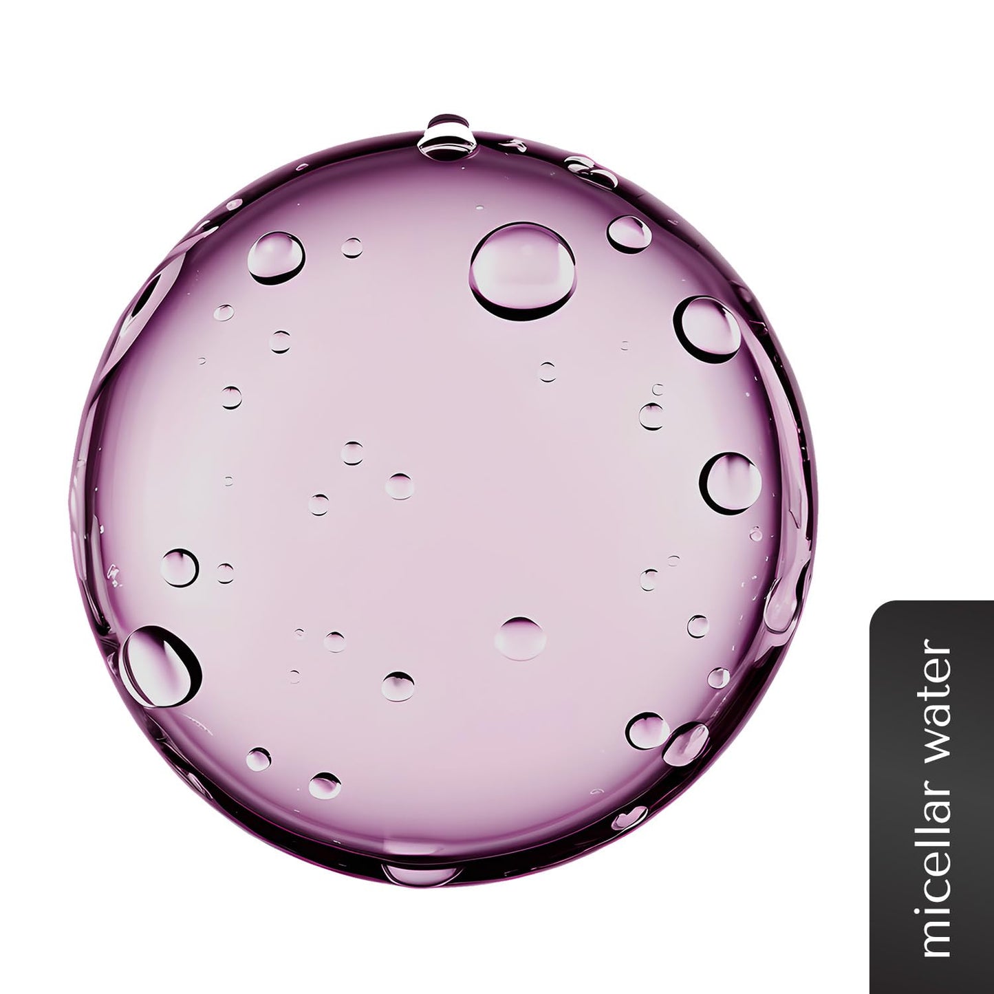 Purple micellar water droplet with bubbles on a white background