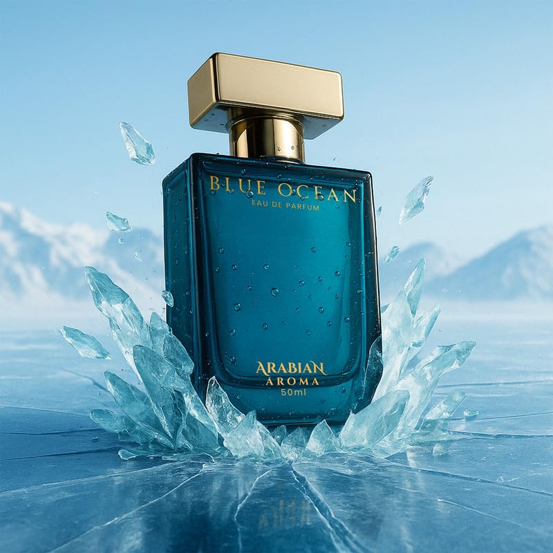 Blue Ocean Eau de Parfum bottle with gold cap against a blue background