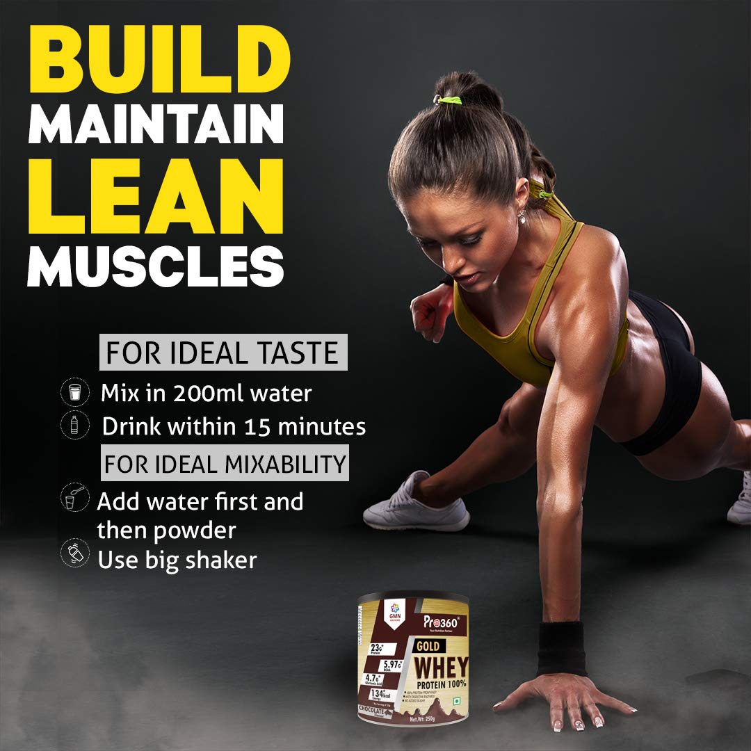 Pro360 Gold Whey Protein - Chocolate Flavored - (100% Whey Protein with Digestive Enzymes, 23g Protein, 5.97g BCAA, 4.7g Glutamic Acid per Serving) (250g)