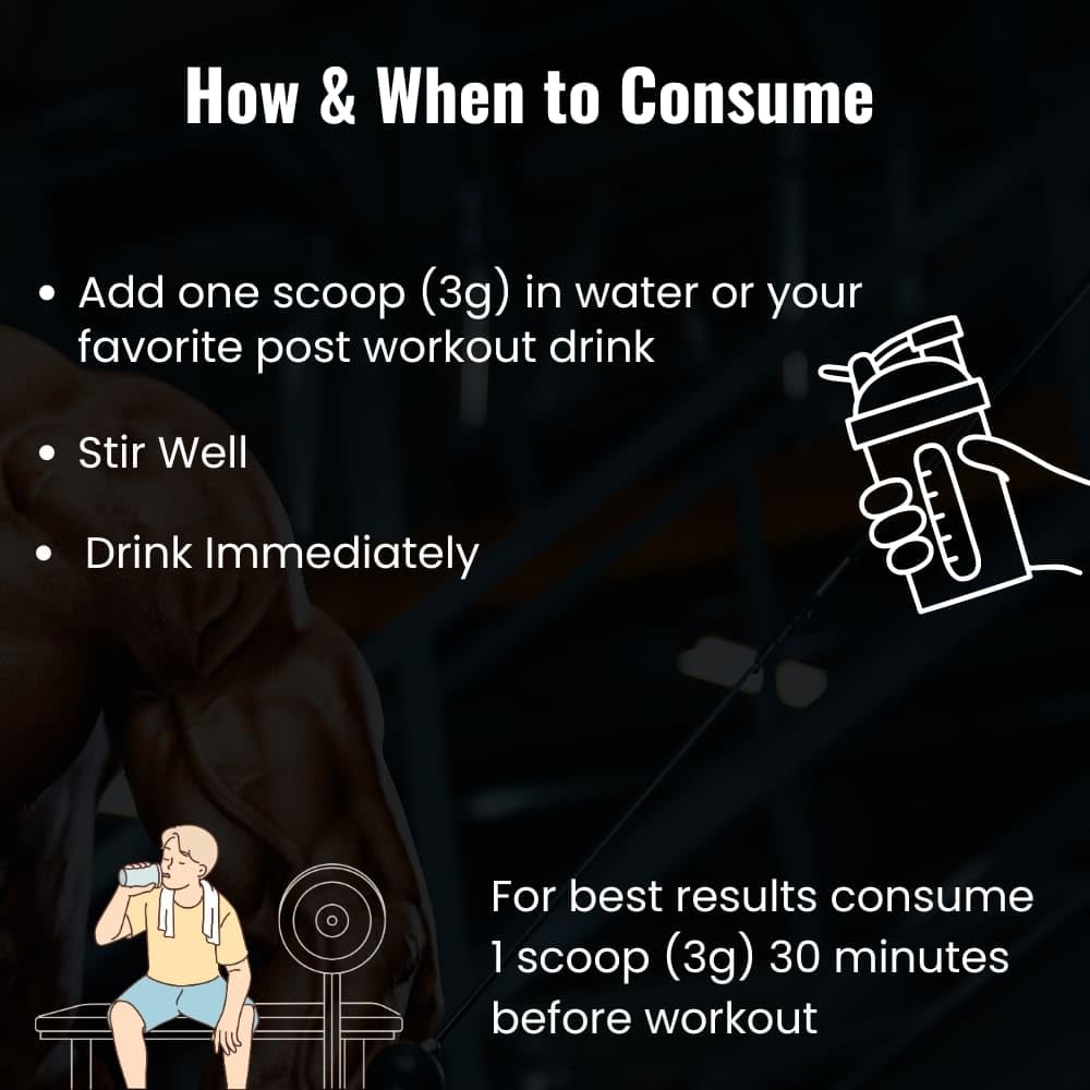 Instructions on how to consume a supplement with an illustration of a person drinking from a shaker bottle.