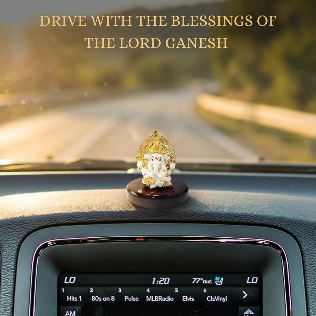 24k Gold Plated Kalpavrikshya Tree Ganesh Idol Ganpati Murti for Car Dashboard, Office Desk, Hindu God Gift & Home Decor - Resin (White)