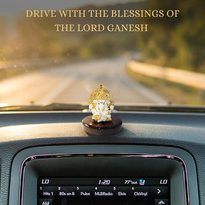 24k Gold Plated Kalpavrikshya Tree Ganesh Idol Ganpati Murti for Car Dashboard, Office Desk, Hindu God Gift & Home Decor - Resin (White)