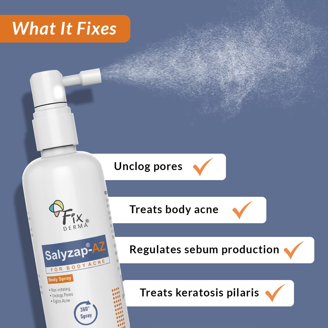 Fixderma Salyzap 2% w/w Salicylic Acid Acne Body Wash 200ml and AZ Acne Body Spray 100ml