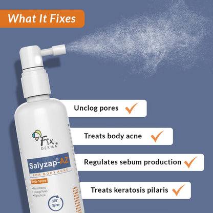 Fixderma Salyzap 2% w/w Salicylic Acid Acne Body Wash 200ml and AZ Acne Body Spray 100ml